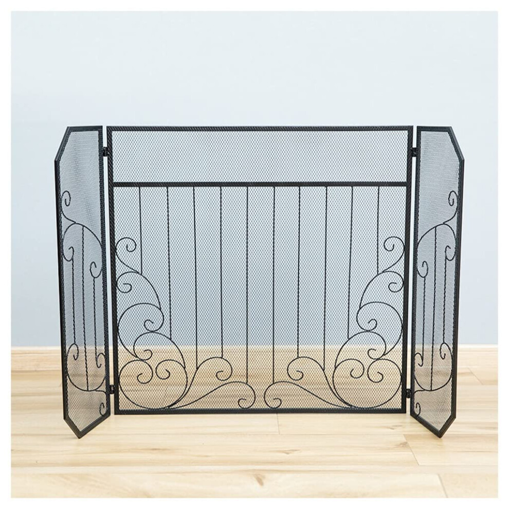 Wrought Iron Fireplace Screen with Mesh Spark Guard, Rustic Design and Child Safety Barrier
