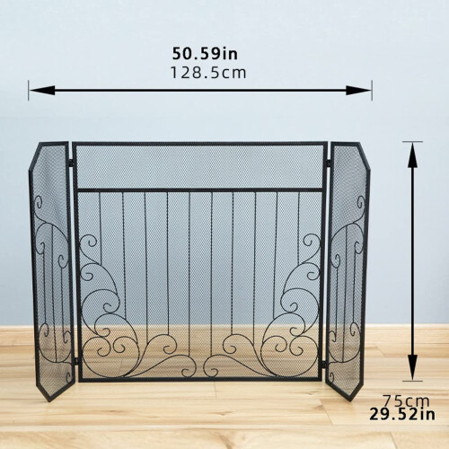 Wrought Iron Fireplace Screen 3 Panel Foldable Spark Guard with Ember Protection Rustic Retro Style 1
