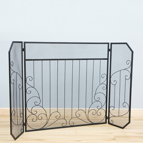 Wrought Iron Fireplace Screen 3 Panel Foldable Spark Guard with Ember Protection Rustic Retro Style 2
