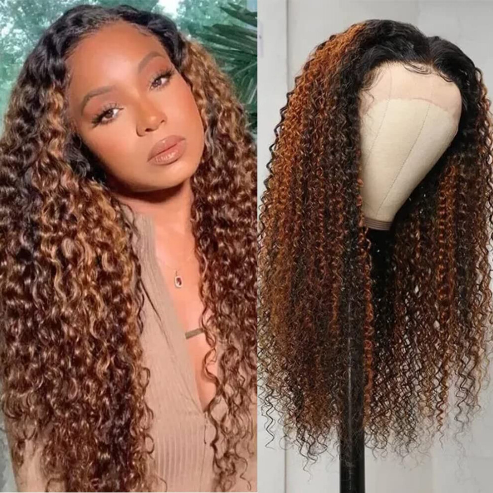 Unisex Brown Ombre Balayage Brazilian Curly Human Hair Lace Front Wig 13X4 Pre Plucked 150% Density