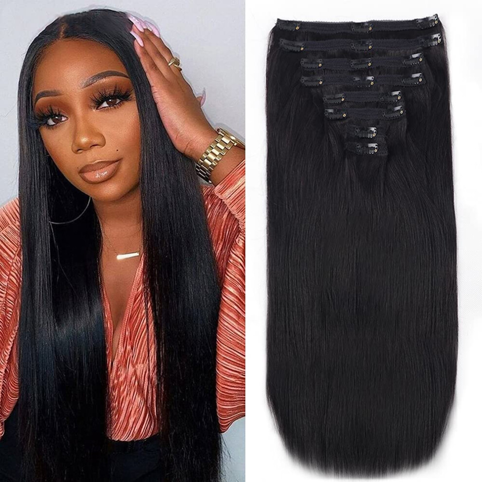 14 Inch Natural Black Human Hair Clip in Extensions, Remy Hair, Instant Volume Boost for Women