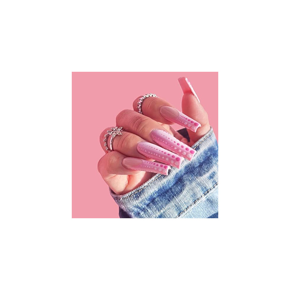 Pink Coffin Press On Nails Long Glossy Wavetip Fake Nails Instant Salon Manicure For Women