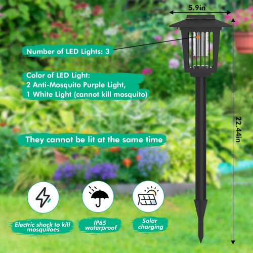 2 Pcs Solar Bug Zapper Outdoor, Waterproof LED Mosquito Killer Lamp with Dual Lighting Function 1