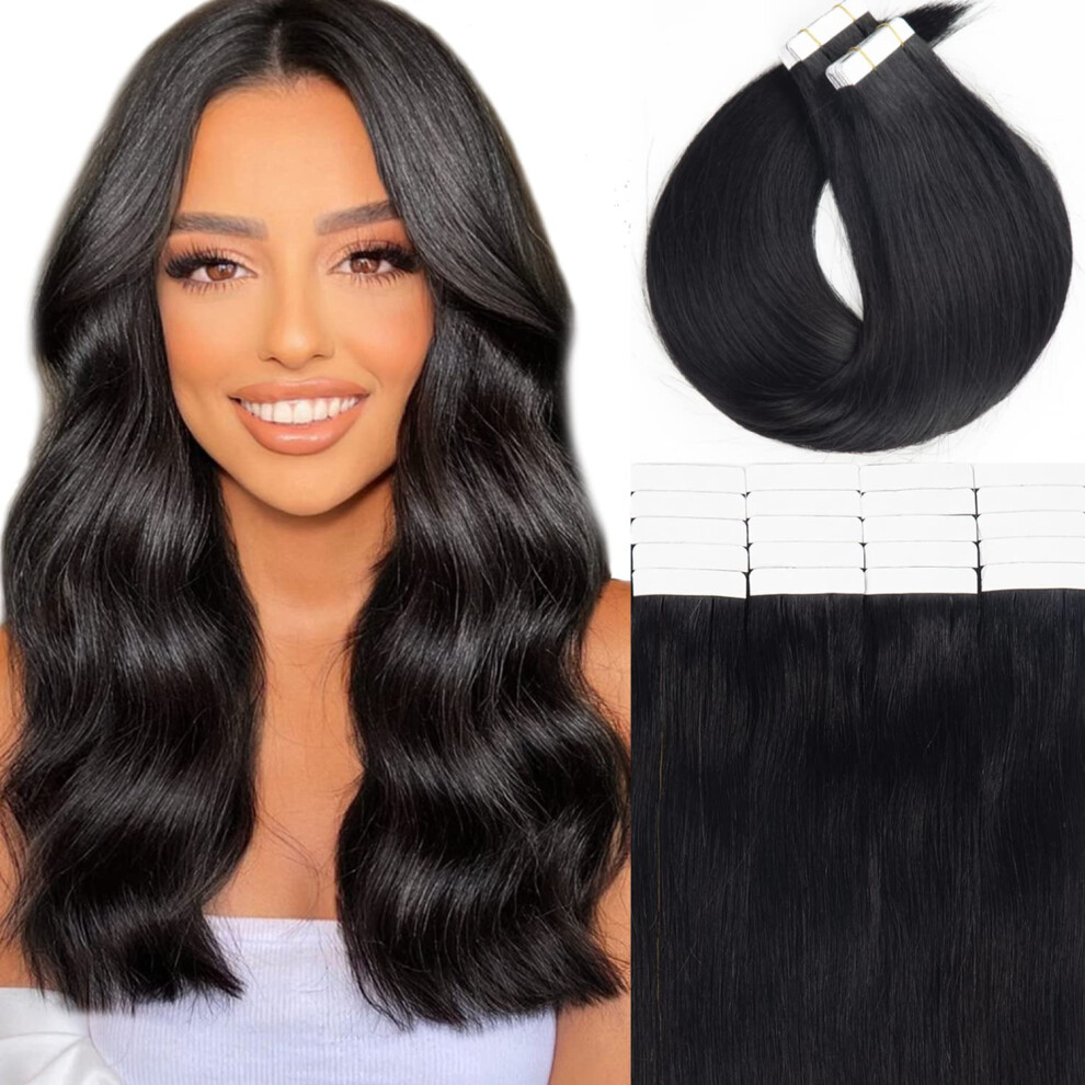 Unisex Black Tape In Hair Extensions 22 Inch Remy Human Hair Invisible Seamless Reusable Darkest 20Pcs