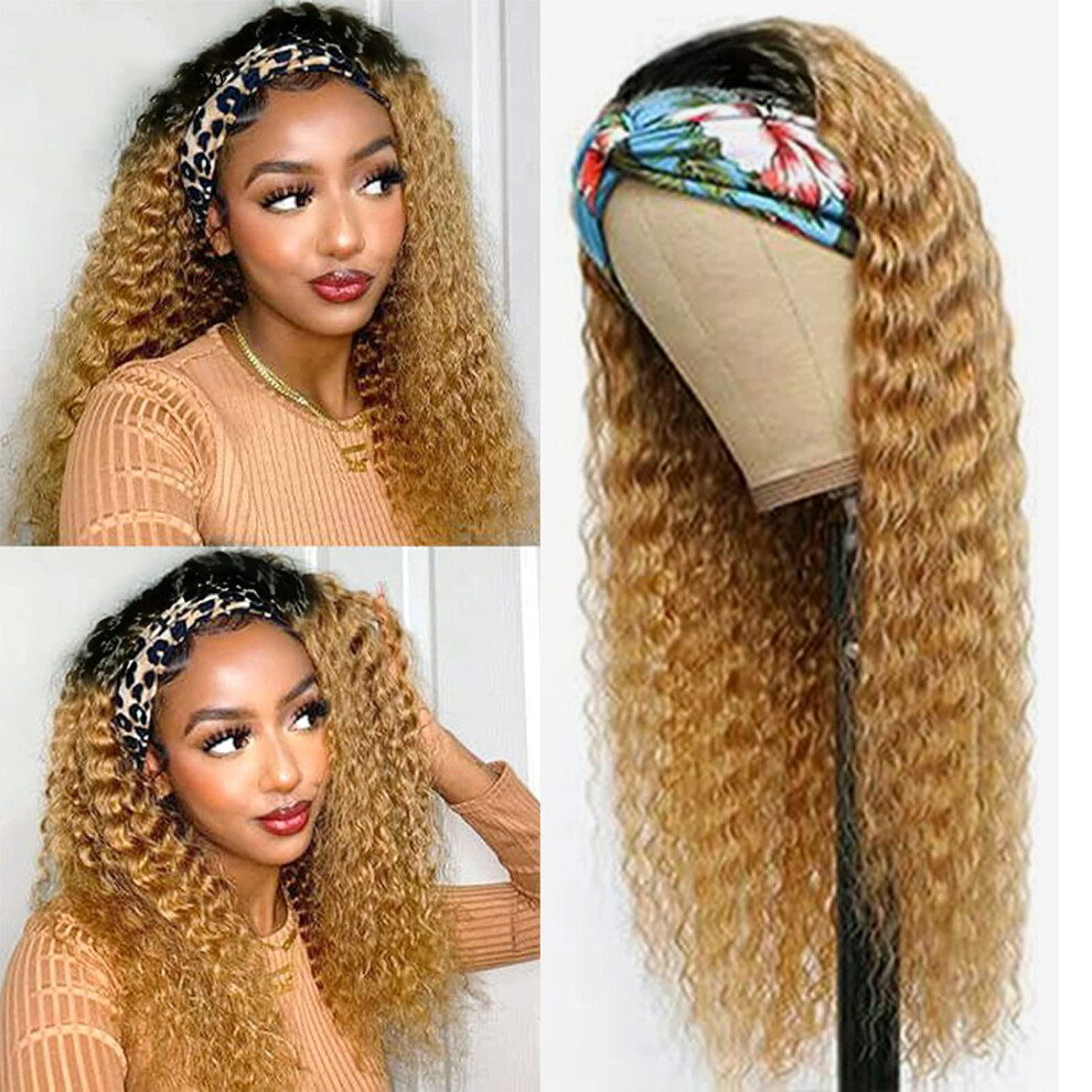 Headband Wig Human Hair Deep Wave Remy Half Wig Caramel Blonde with Dark Roots 160% Density 20 Inch