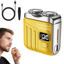 Portable Electric Shaver Dual Ring Rotary USB Rechargeable Razor for Men Travel Home Yellow