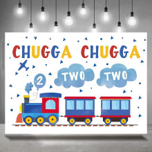 Toile de fond 2,1 x 1,5 m « Joyeux 2e anniversaire » pour garçon : train bleu et rouge, Chugga Chugga, deux nuages, avion (photographie)