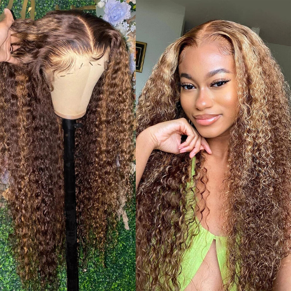 Unisex Blonde Lace Front Wig Human Hair Ombre Honey Blonde Deep Curly 18 Inch Hd Lace Pre Plucked