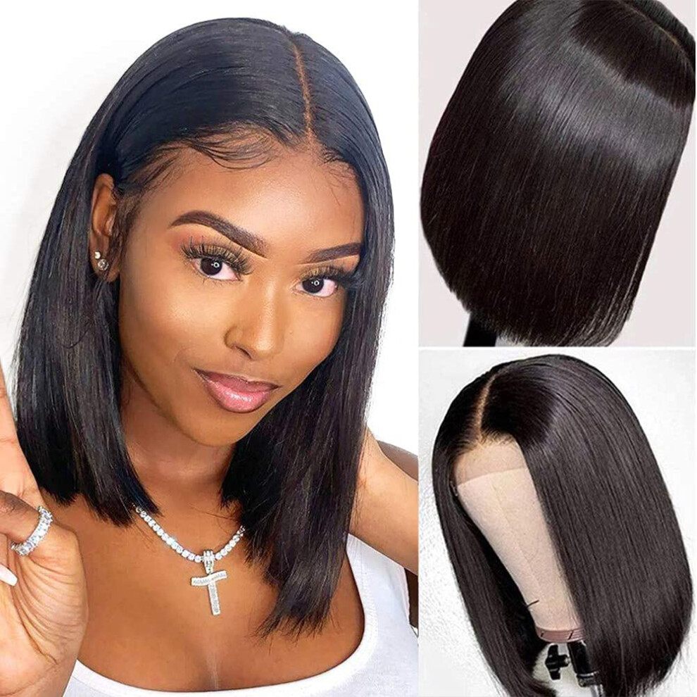 10 Inch Bob Wig Human Hair Brazilian Straight 4x4 Lace Front Pre Plucked 150% Density Natural Color