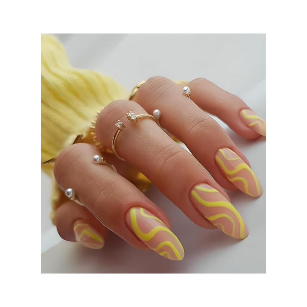 Press On Nails Set Long Oval Yellow Nude Reusable Fake Nails with Natural Glossy Finish
