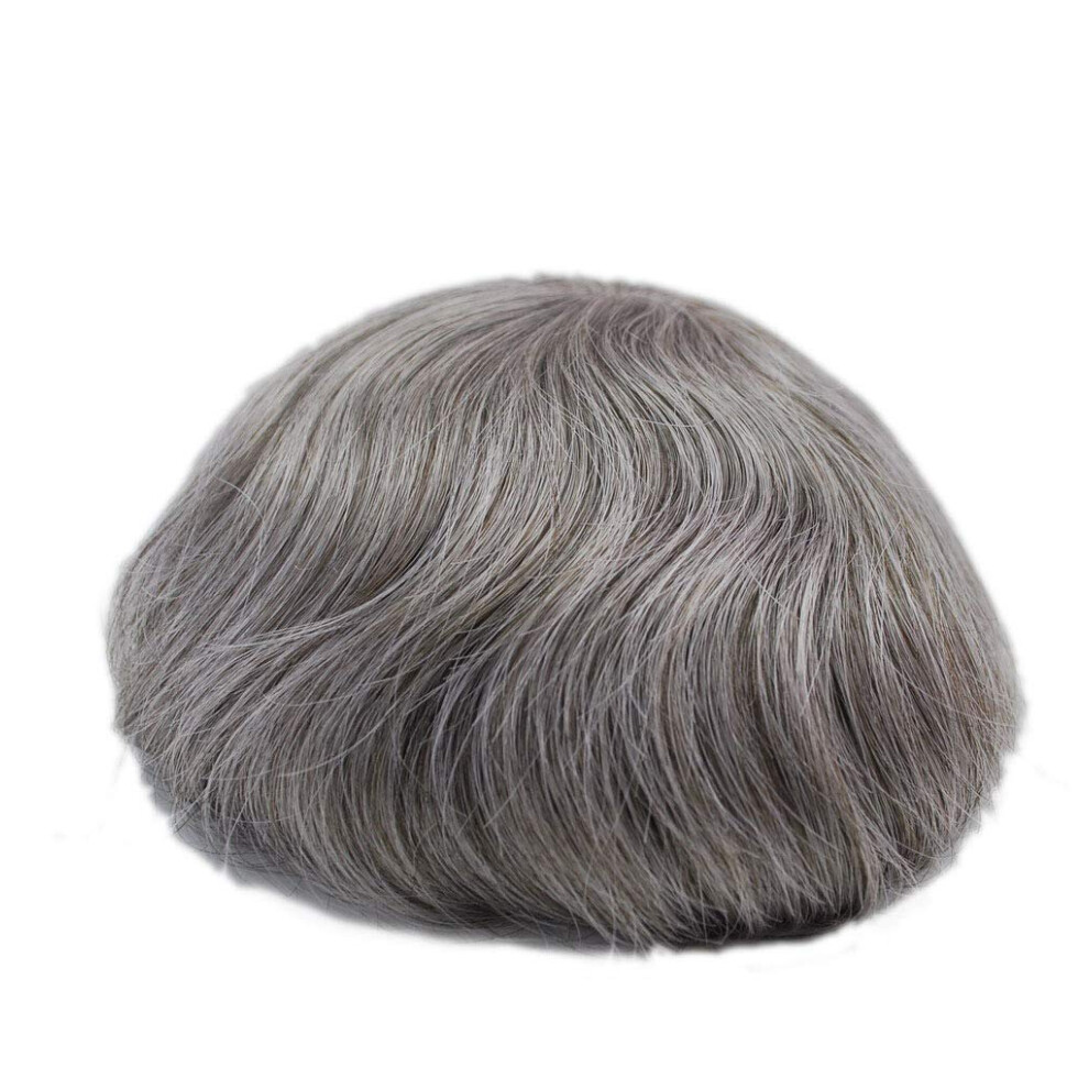 Unisex Gray Men's Toupee Human Hair Hairpiece Salt And Pepper With Natural Hairline And Medium Density