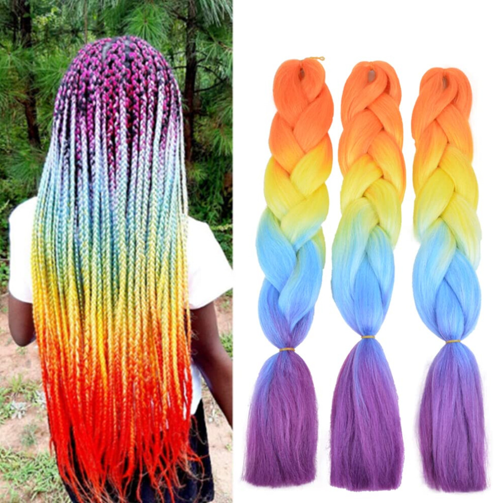 Unisex Ombre Braiding Hair Extensions 24 Inch Rainbow Jumbo Synthetic For Box Braids Tangle 5Pcs