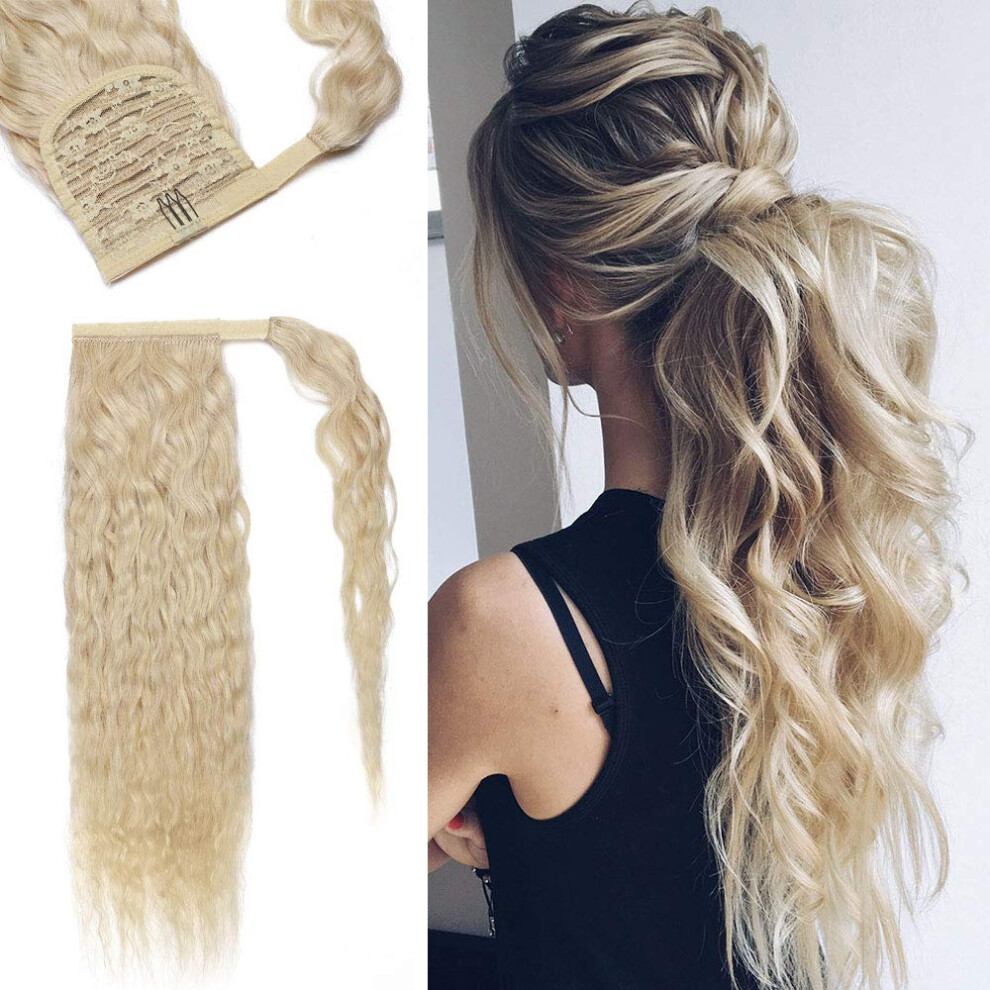 Unisex Silver 18 Inch Remy Human Hair Ponytail Extension Balayage Platinum Blonde Clip In Wrap Around For Women