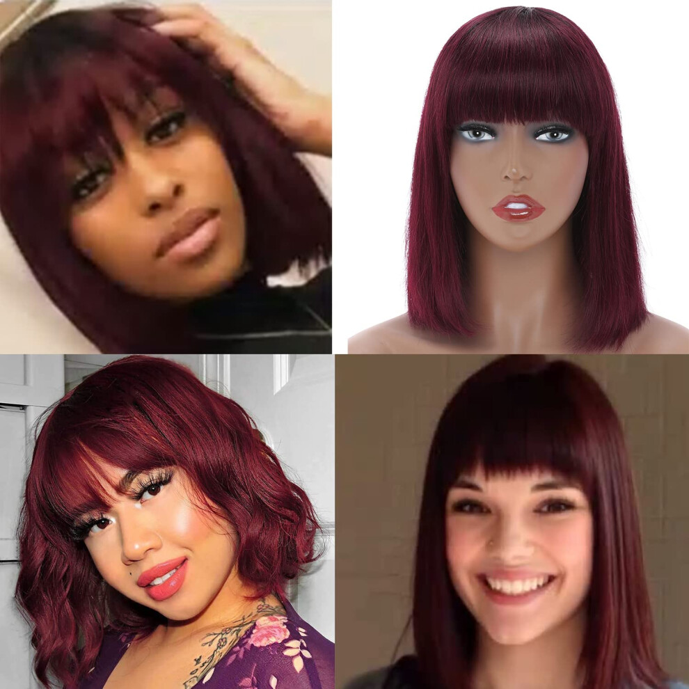 Unisex Black,Red Human Hair Bob Wig With Bangs Red Ombre 99J Glueless 12 Inch For Black Women Natural Straight