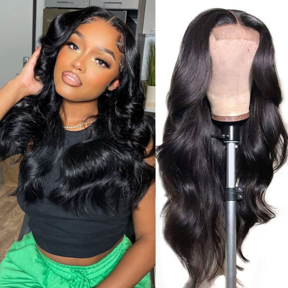 Unisex Human Hair Lace Front Wig 4X4 Glueless Closure Brazilian Body Wave 14 Inch Pre Plucked Natural Hairline