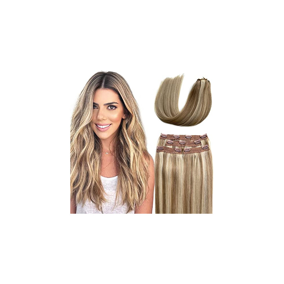 Unisex Light Clip In Hair Extensions Ash Blonde To Blonde Remy Human Hair 20 Inch Double Weft Lace 100G