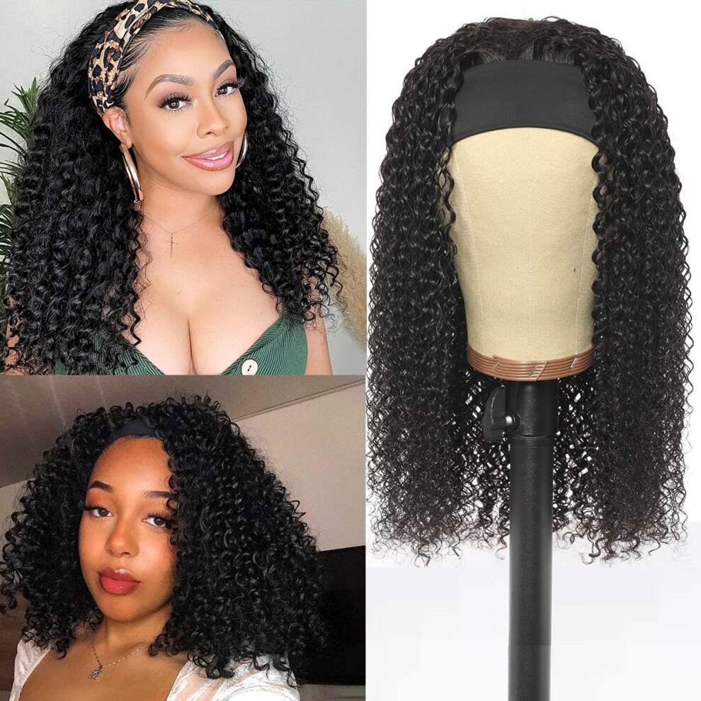 Brazilian Virgin Curly Headband Wig Human Hair 20 Inch Natural Color, 150% Density Glue Secure Fit