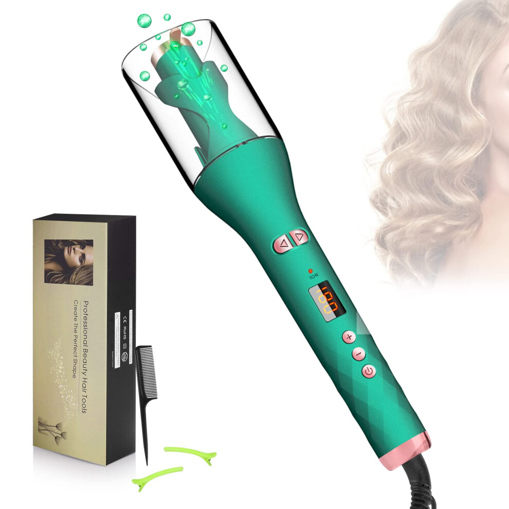 Green Automatic Hair Curler With Negative Ion Care, Rotating Curling Iron Adjustable Temperature,