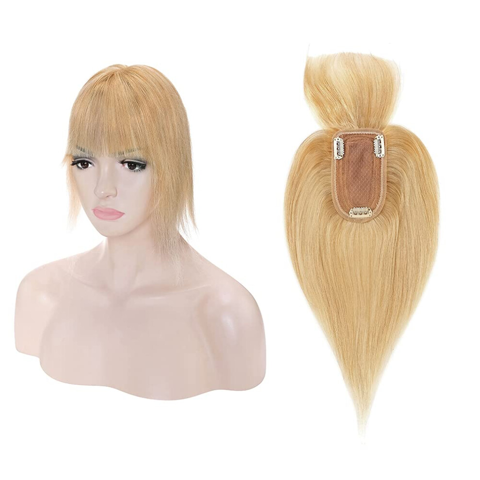 Unisex Light 150% Density Human Hair Topper With Bangs For Women 18In Ash Blonde Silk Base Clipin For Thinning Hair