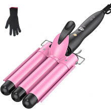 Pink Tourmaline Ceramic 3 Barrel Curling Iron for Mermaid Waves with Fast Heat Up and Dual Voltage