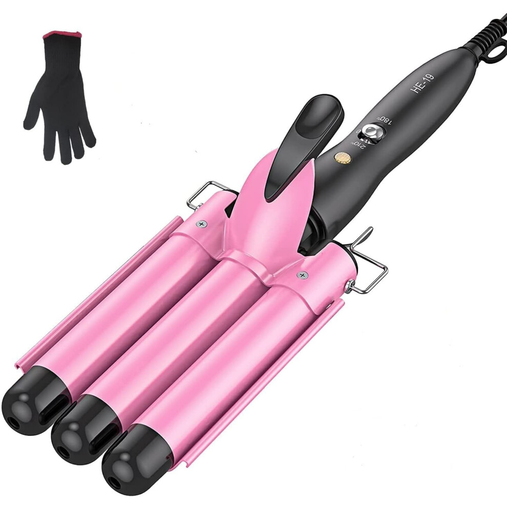Pink Tourmaline Ceramic 3 Barrel Curling Iron For Mermaid Waves With Fast Heat Up And Dual Voltage