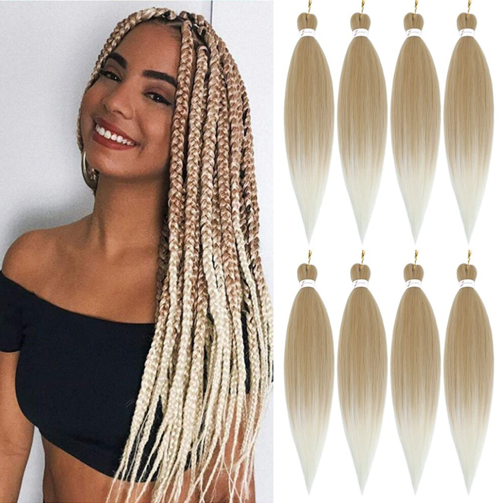 Unisex Brown Pre Stretched Braiding Hair 26 Inch Ombre Blonde Two Tone Yaki Straight Synthetic Extensions 8 Packs With Crochet Needle