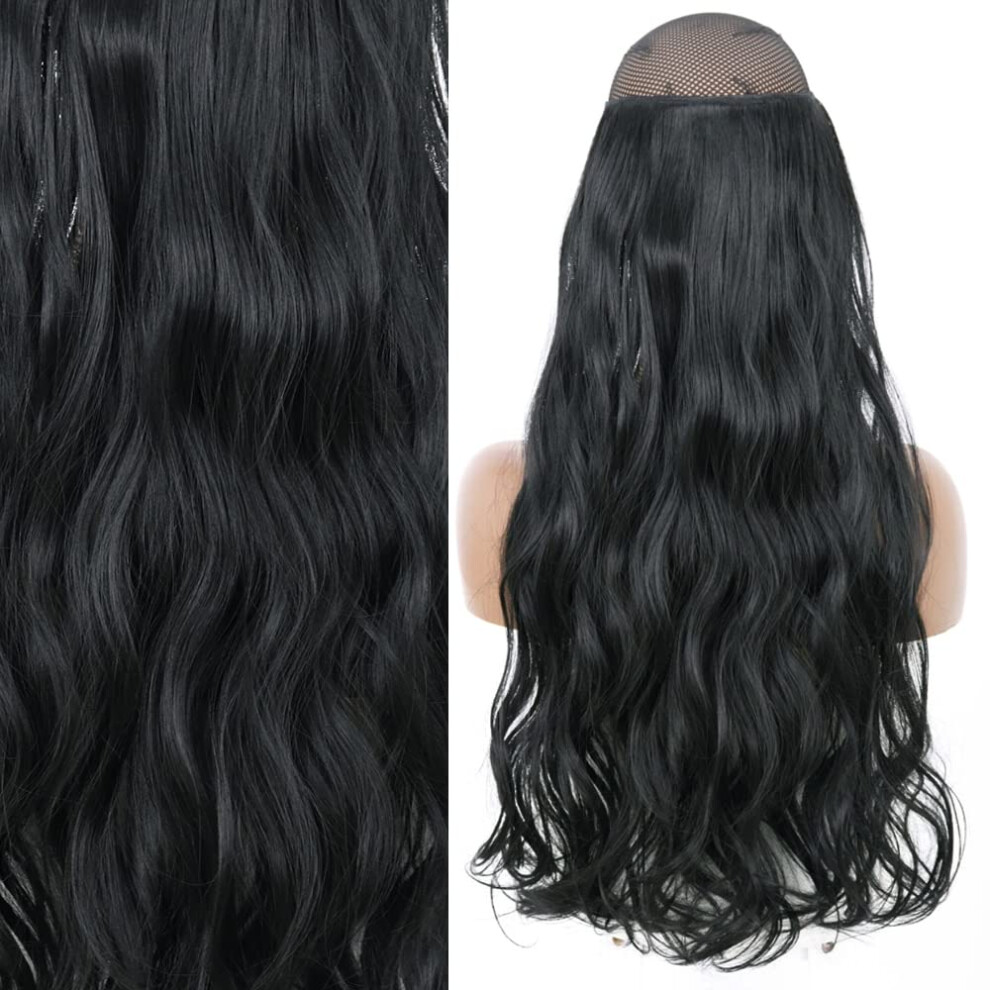Unisex Black Hair Extensions With Invisible Wire And Clip In Bangs, Natural Blonde Halo Hairpiece 16''