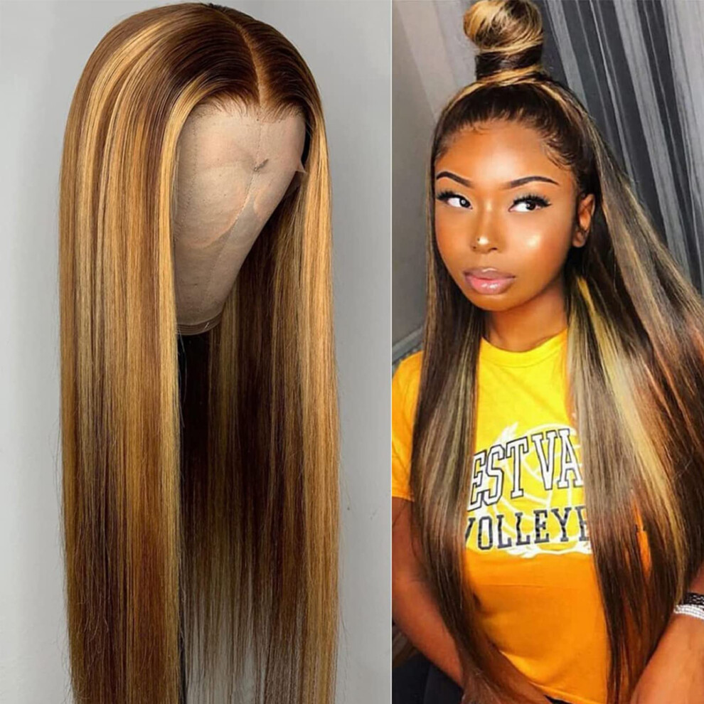 Human Hair Lace Front Wig Ombre Honey Blonde Highlights Pre Plucked 13x4 Swiss Lace 18 Inch