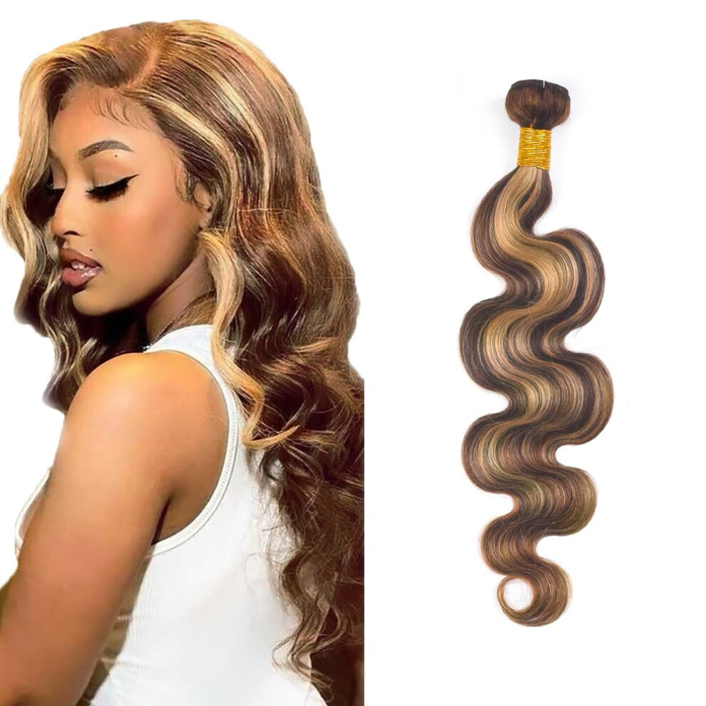 Unisex Brown Ombre Human Hair Bundles Brazilian Body Wave P4/27 Honey Blonde 22 Inch Remy Extensions