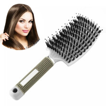 Gray Curved Vented Hair Brush with Boar Bristles for Fast Blow Drying and Smooth Knot Removal