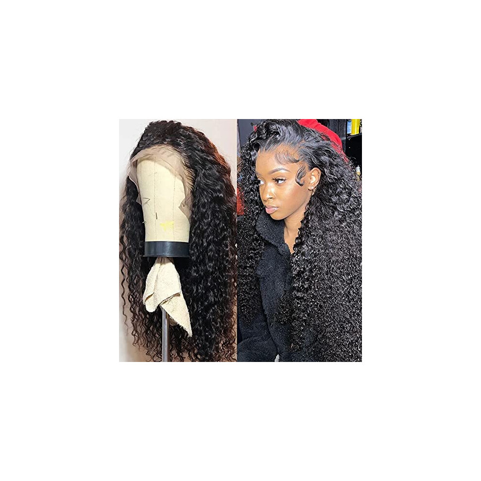 Unisex 30 Inch 13X4 Lace Front Human Hair Wig Brazilian Deep Wave Kinky Curly Glueless Natural Hairline