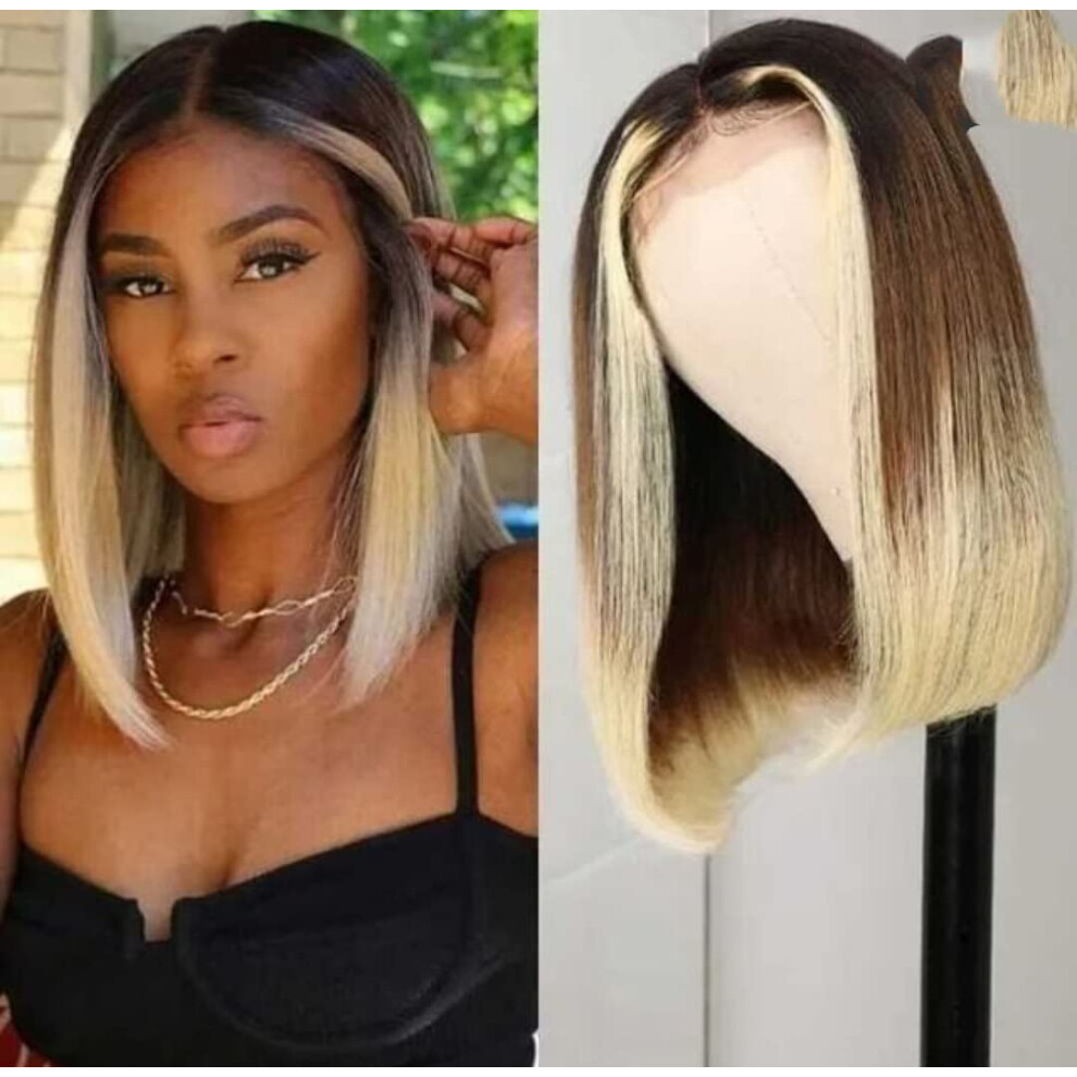 Bob Wig Human Hair 13x4 HD Transparent Lace Front, 10 Inch Ombre Highlight, Pre Plucked, 180 Density