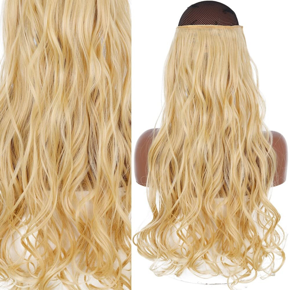 Unisex Black Invisible Wire Hair Extensions Natural Blonde 16In Straight Synthetic Halo With Clip In Bangs