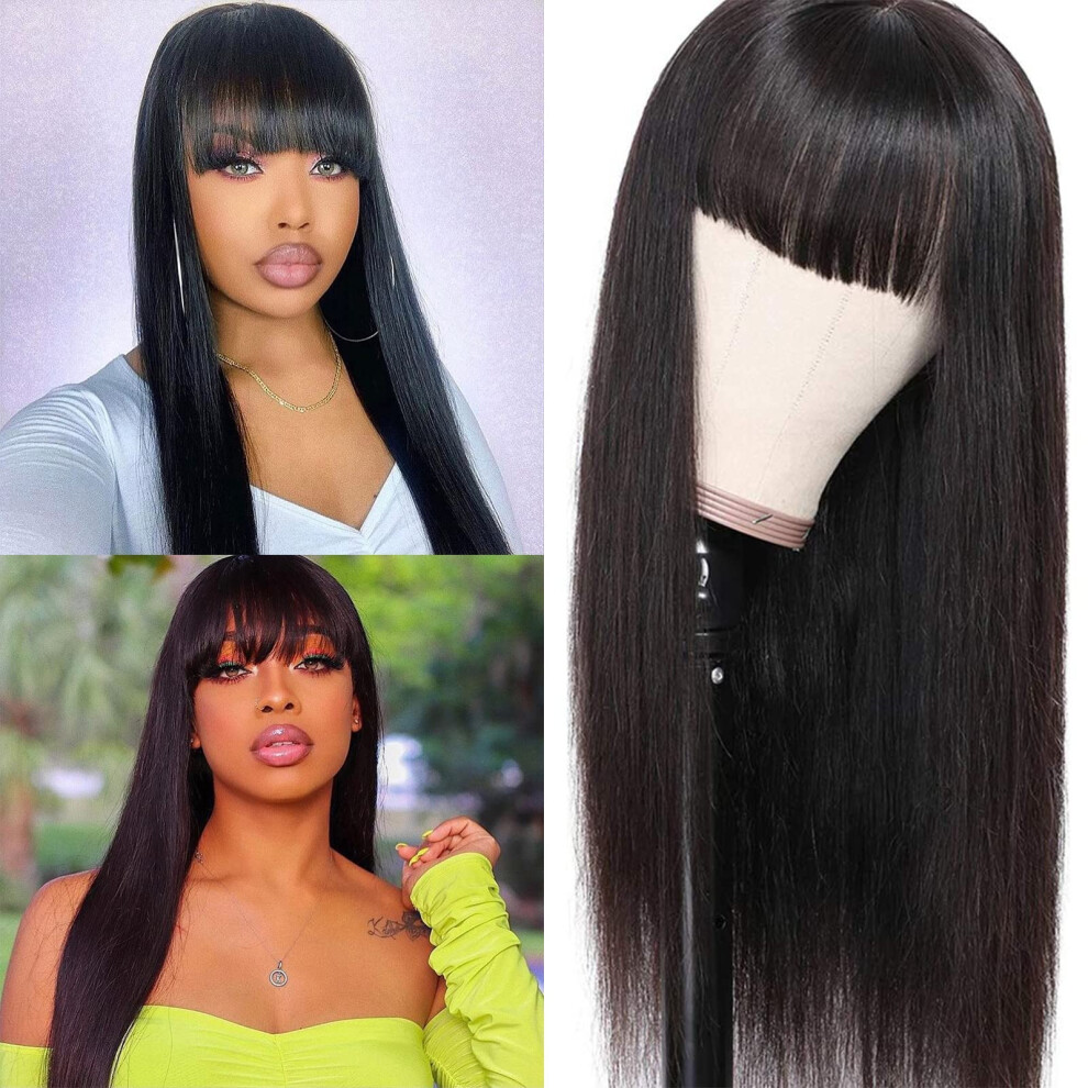 Human Hair Wigs with Bangs 26 Inch Straight Brazilian Wig Glueless 150% Density Natural Shine