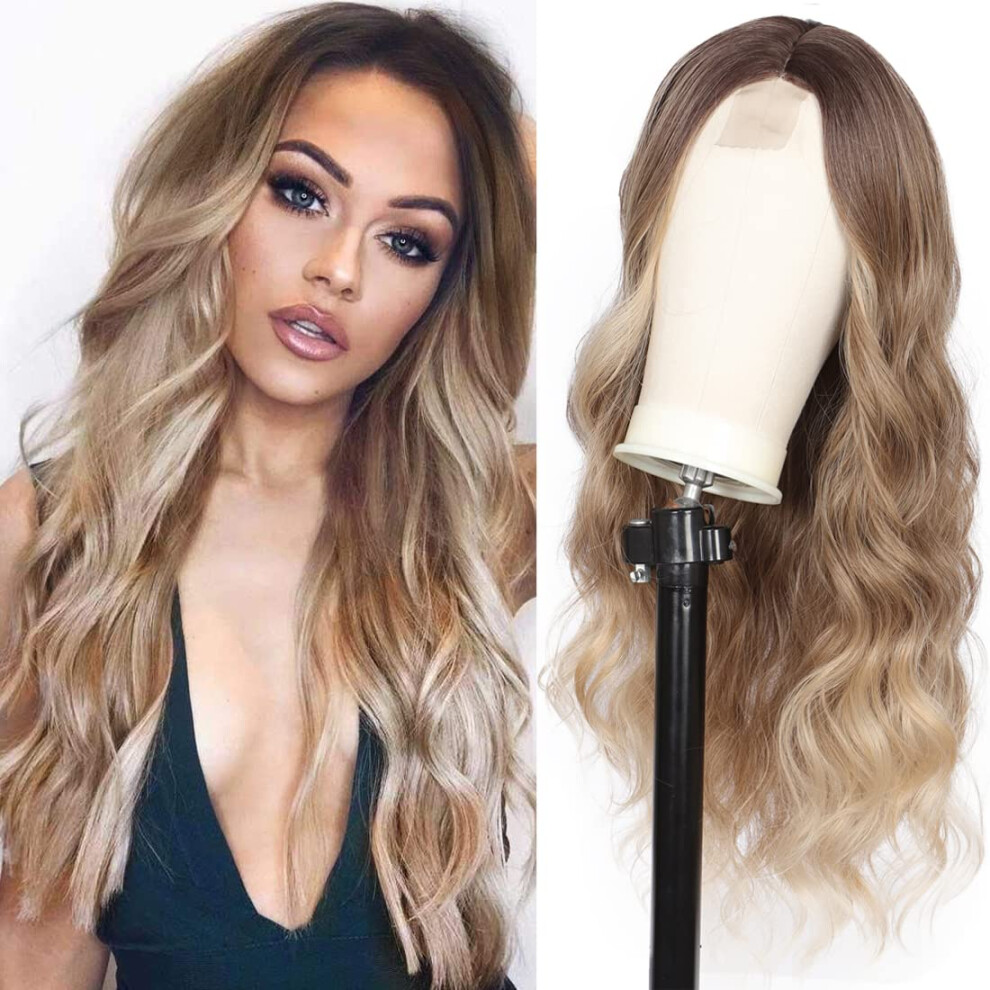Unisex Dark 28 Inch Ombre Ash Blonde Curly Lace Front Wig With Roots, Synthetic, Natural Hairline