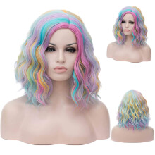 Rainbow Wig Short Curly Bob with Natural Shine, Heat Resistant, Adjustable Cap for Cosplay and Halloween