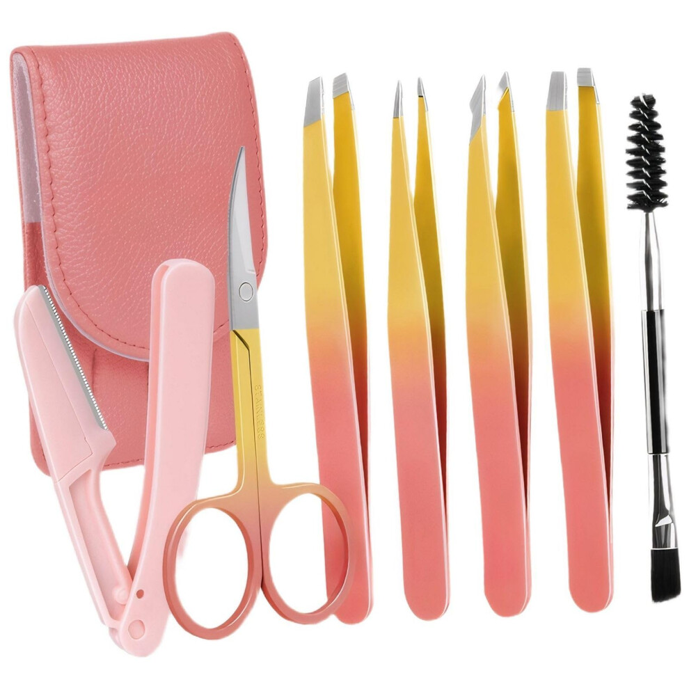 Pink Eyebrow Tweezers Set Stainless Steel With Travel Case For Precise Professional Grooming (Pink)