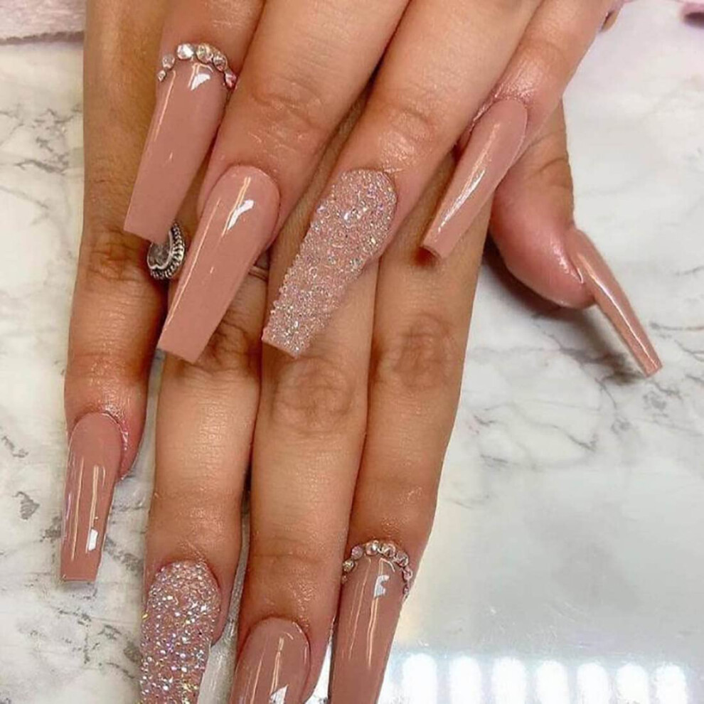 Long Coffin Press On Nails with Rhinestones, 24pc Glossy Reusable Ballerina Shape Set