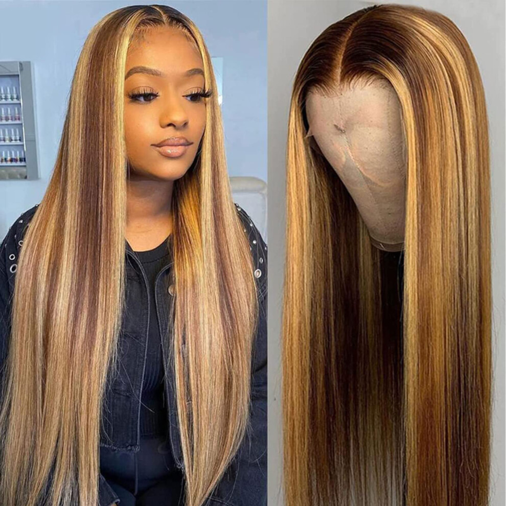 Unisex Black,Brown Black Women Long Straight Synthetic Wig 26 Inch Brown Blonde Highlights Heat Resistant Middle Part
