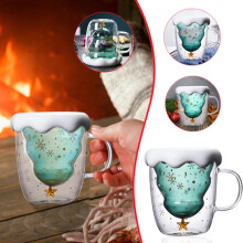 Cute Christmas Mug, Double Layer Glass Coffee Cup with Lid, Compatible with Acrylic Tumblers Set, Durable Tea & Milk Cup for Women, Wife, Girl,