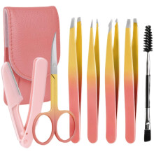 Stainless Steel Eyebrow Tweezers Set with Case for Precision Hair Removal Travel Use (Pink)
