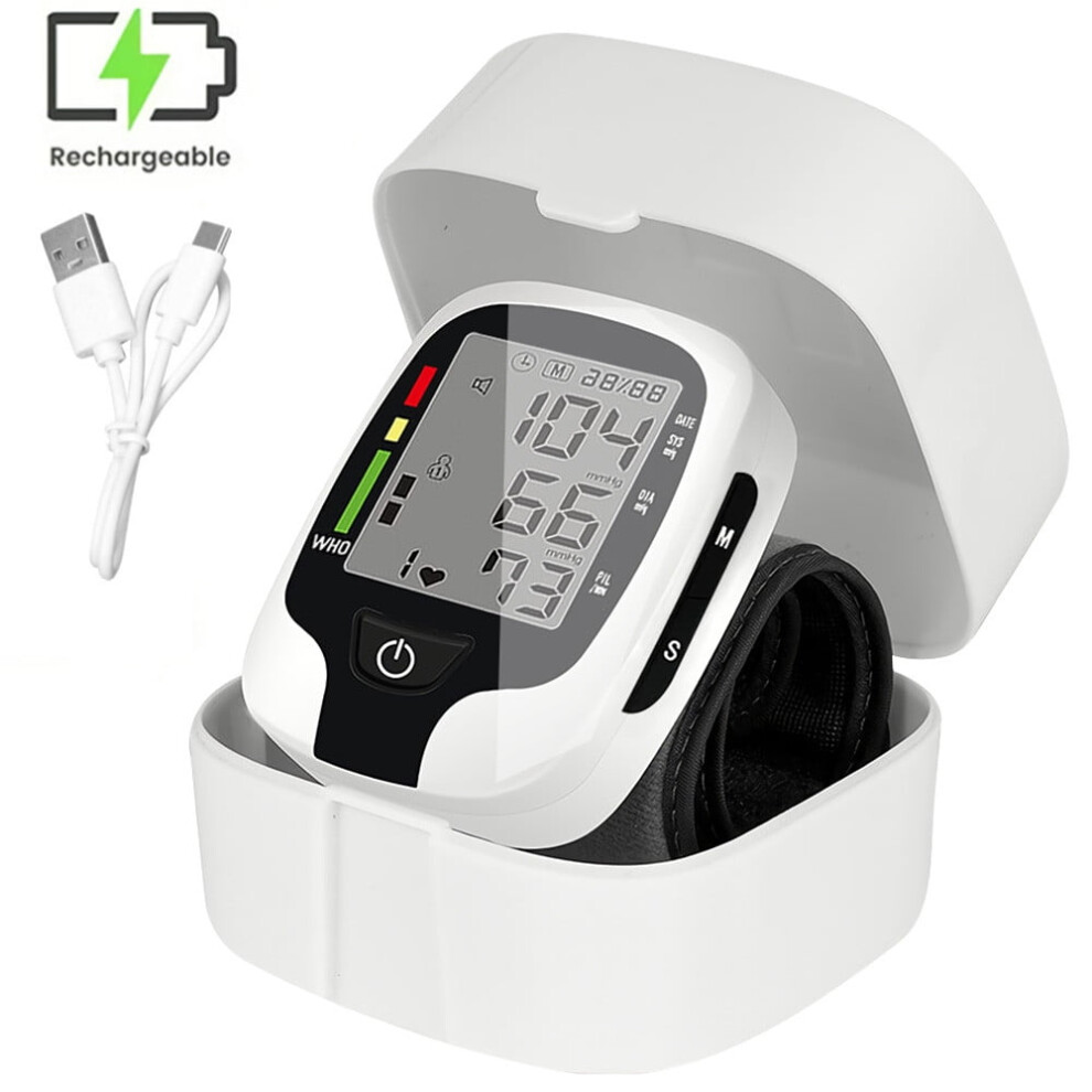 XIRQI Pressure Monitor, Rechargable Wrist Pressure Monitor with 2*99 Memory and Backlit Display, Automatic BP Heart Rate Monitor with Carrying Case