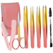 Eyebrow Tweezers Set Stainless Steel Precision Grooming Tools with Leather Travel Case Pink