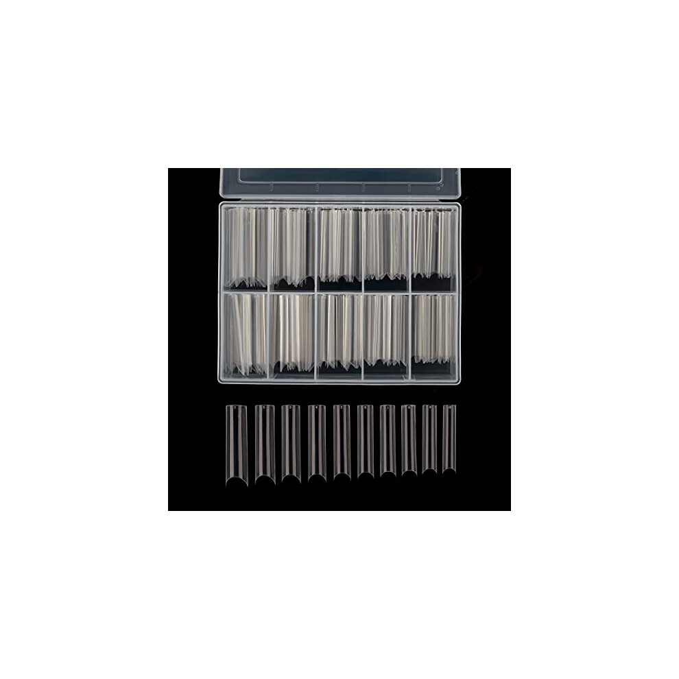 200 Extra Long Square False Nail Tips, Clear C Curve Acrylic, Full Size Range, with Case