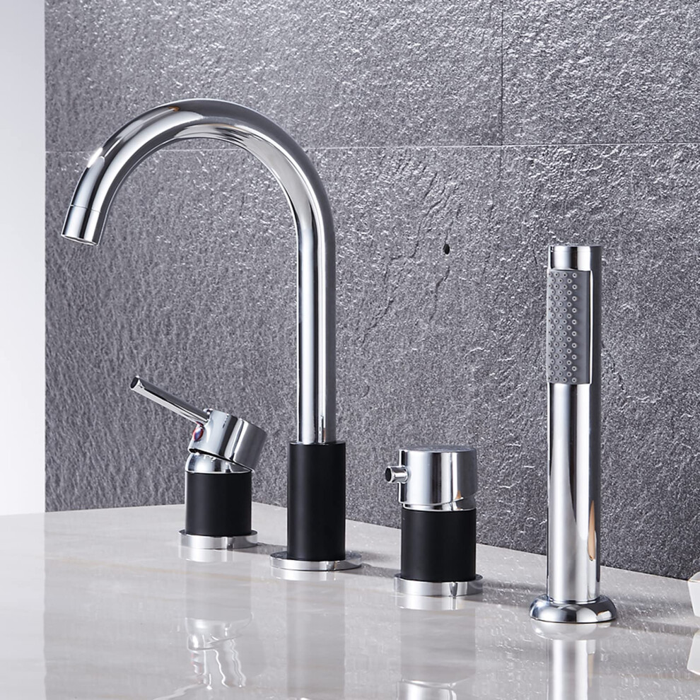Widespread Deck Mount Bathtub Faucet With Handheld Shower, 4Hole Brass Tap, Chrome Black Finish 9099447432100