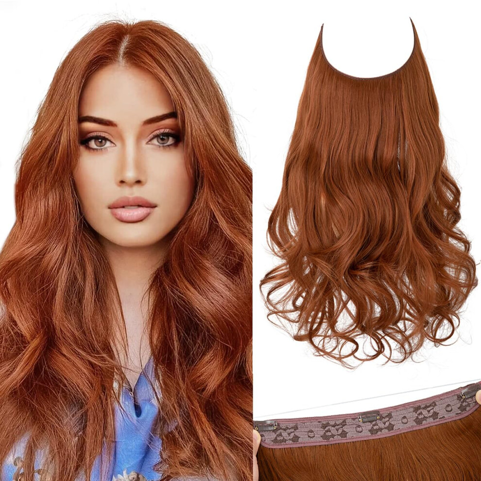 Invisible Wire Hair Extensions Copper Red 16 Inch with Clips Synthetic Wavy Curly Heat Resistant Hairpiece for Women