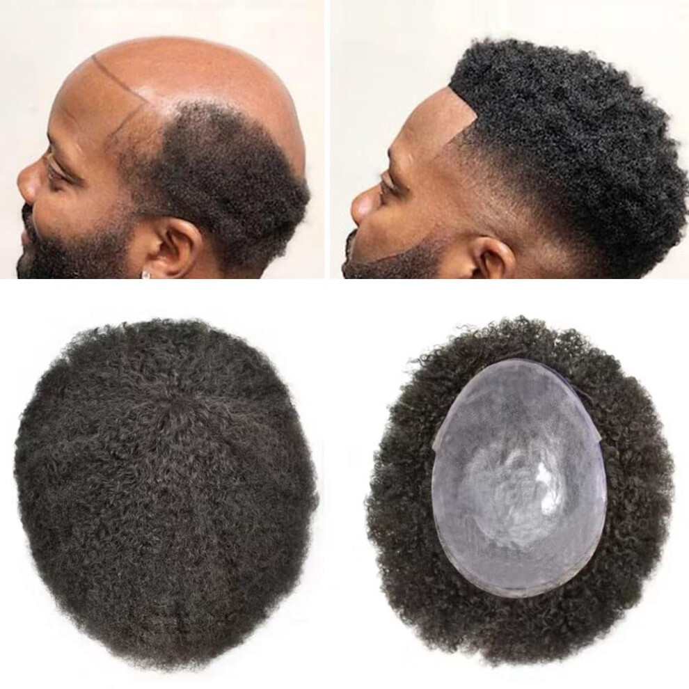 Unisex Black Afro Toupee For Men 4Mm Jet Kinky Curly Human Hair Wig With Invisible Thin Skin Base Custom Fit