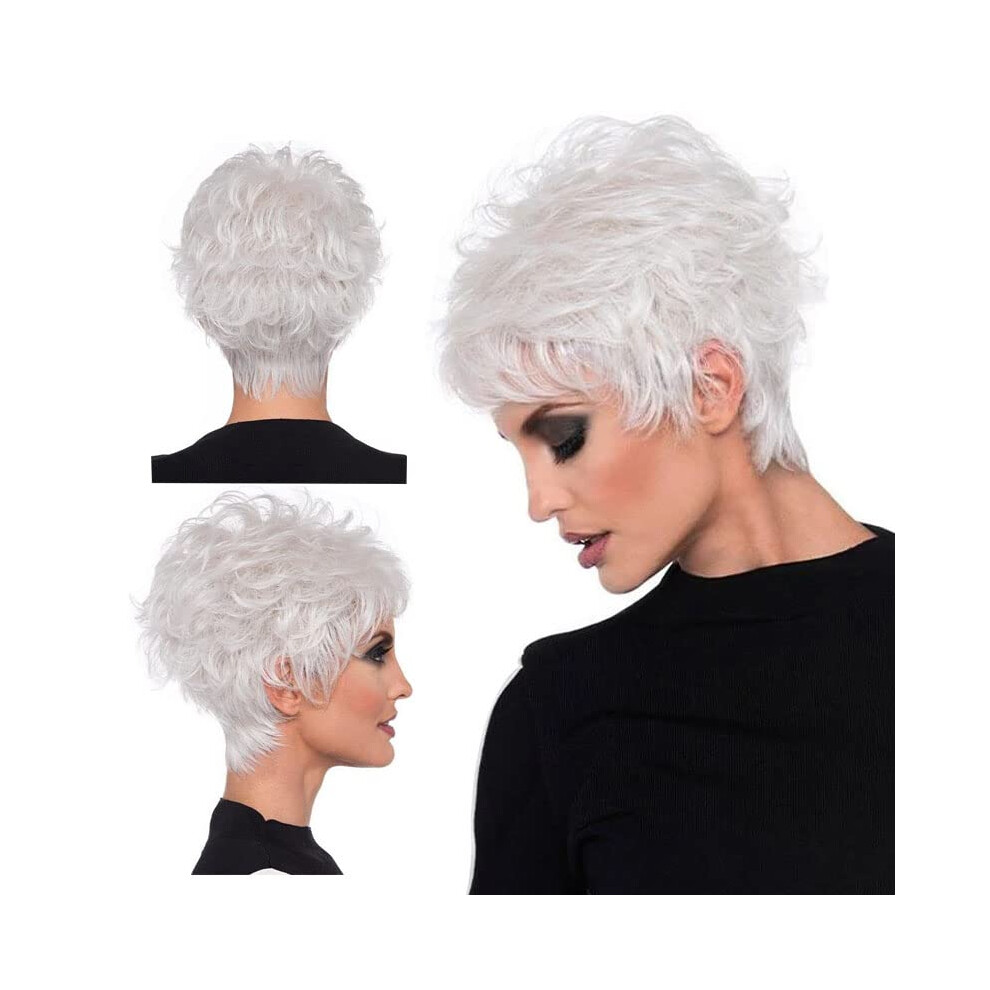 Unisex White,Silver Silver Pixie Cut Wig With Slanted Bangs, Short Curly Hair, Fluffy White For Elderly Ladies
