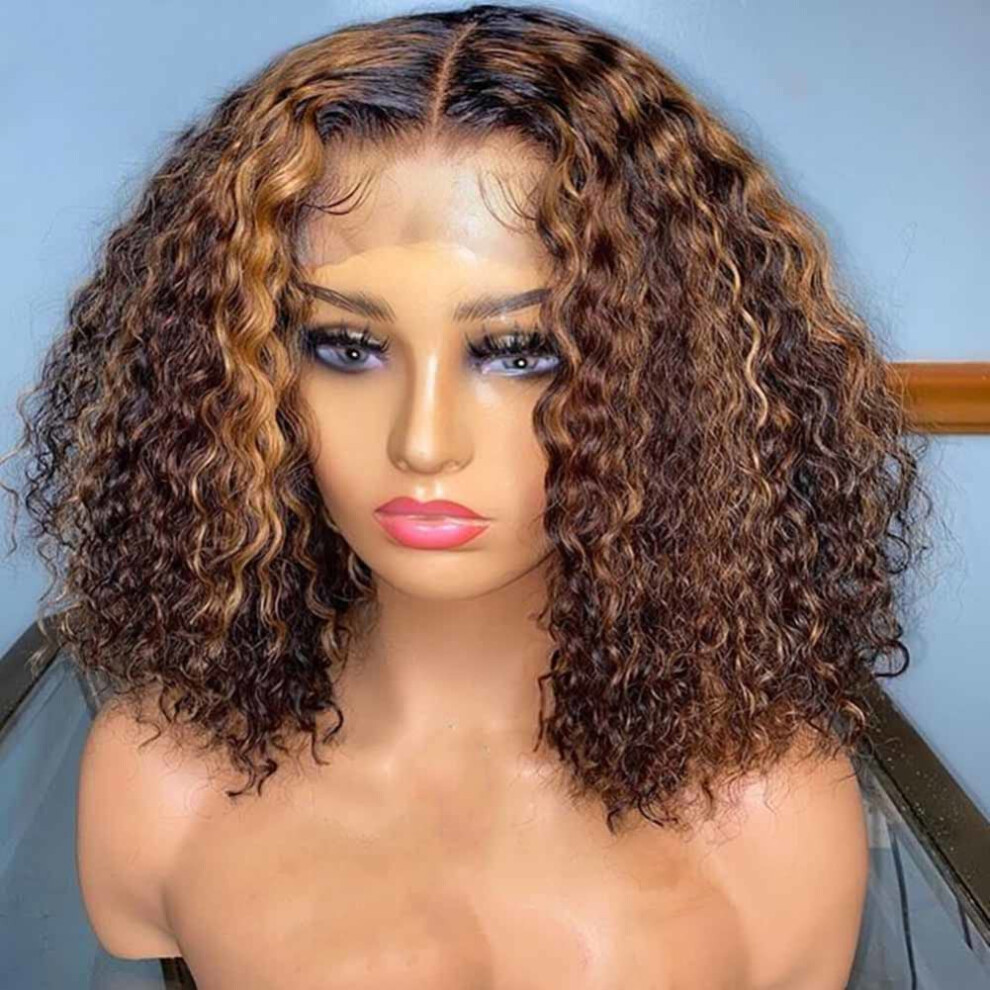 Unisex 13X4 Lace Front Brazilian Curly Human Hair Wig Ombre Blonde Highlight Water Wave 180 Density