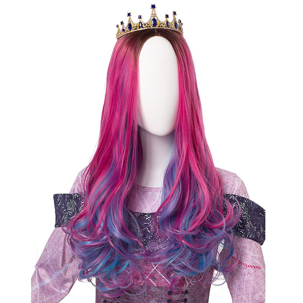 Long Wavy Wig for Women Brown to Pink Blue Ombre 22 Inch Synthetic Cosplay Wig with Natural Wave Texture